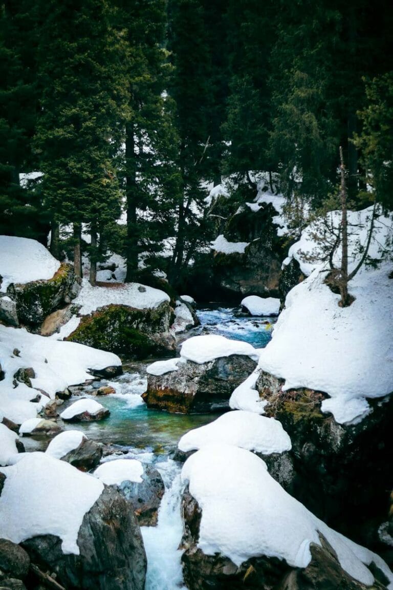 River cascade covered with snow, Pahalgam
