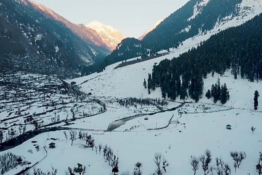 Arial view of snow-covered Betaab Valley in winter